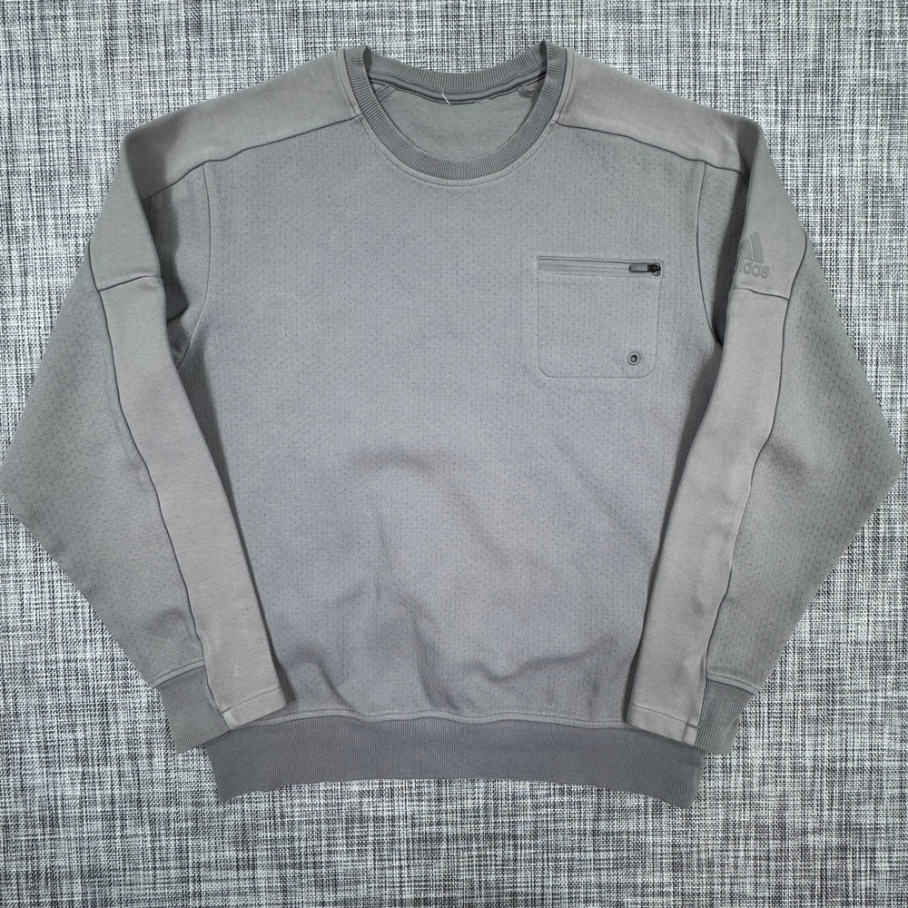 Adidas Sweatshirt Mens Approx Large Gray Textured Crewneck Zip Chest Pocket